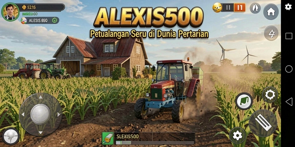 Tampilan gameplay ALEXIS500 dengan ladang tanaman yang subur.