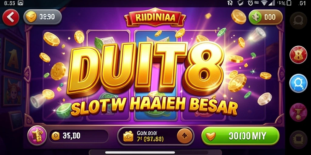 Screenshot gameplay DUIT8 menampilkan slot yang berputar dengan hadiah menarik.